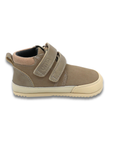 Stone brown high-top baby boot with two Velcro straps and cream sole. Durable, flexible, and rain-resistant for cold and mud.