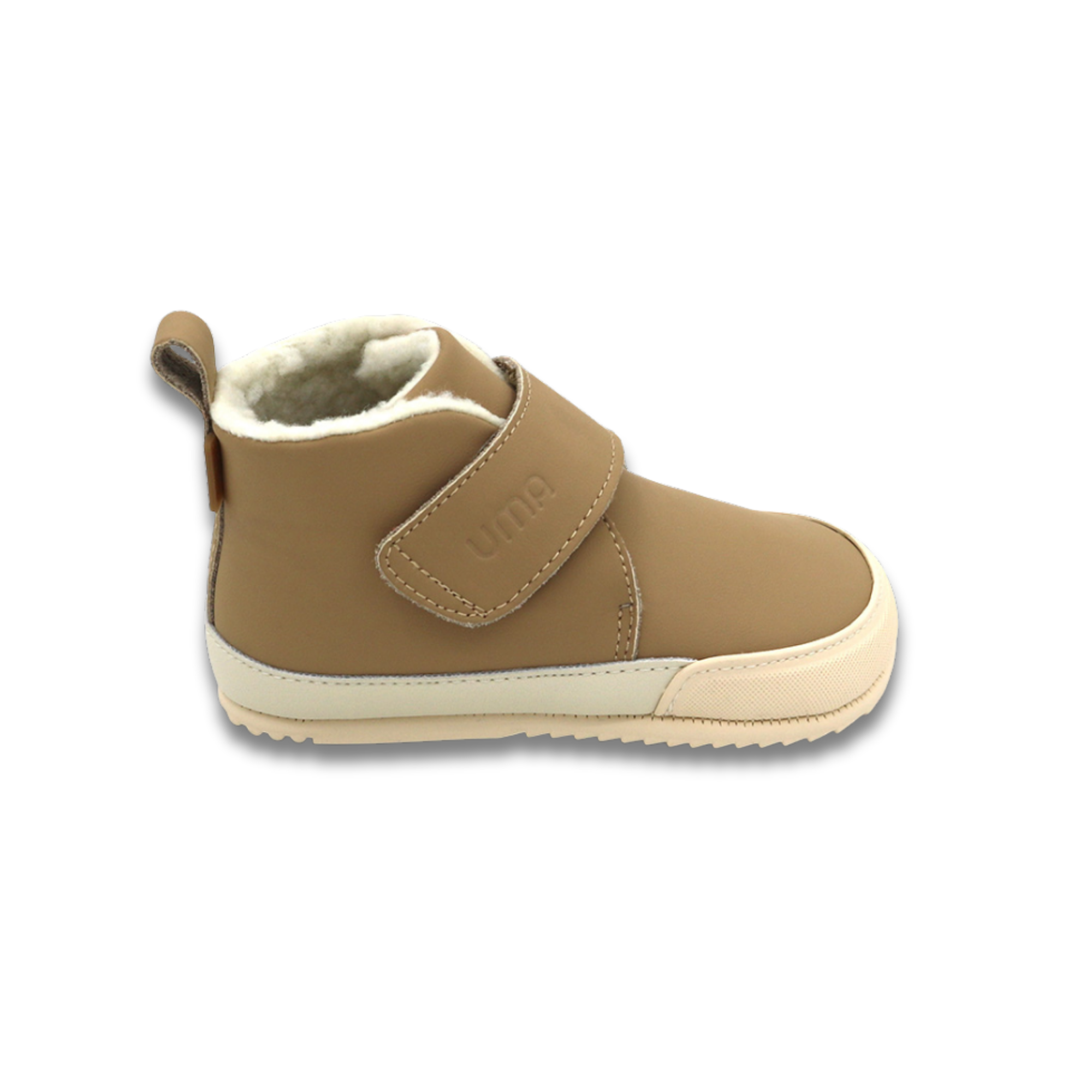 Botin barefoot ergonomico arena modelo Fluffy para bebes vista lateral