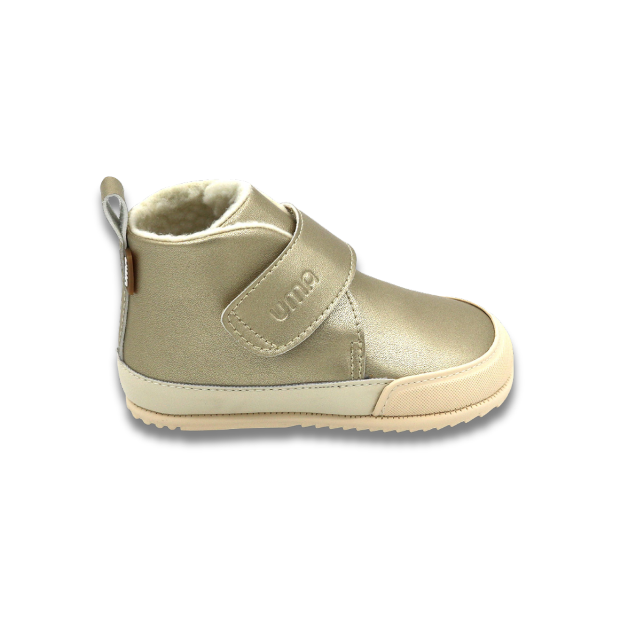 Botin barefoot ergonomico gold modelo Fluffy para bebes vista lateral