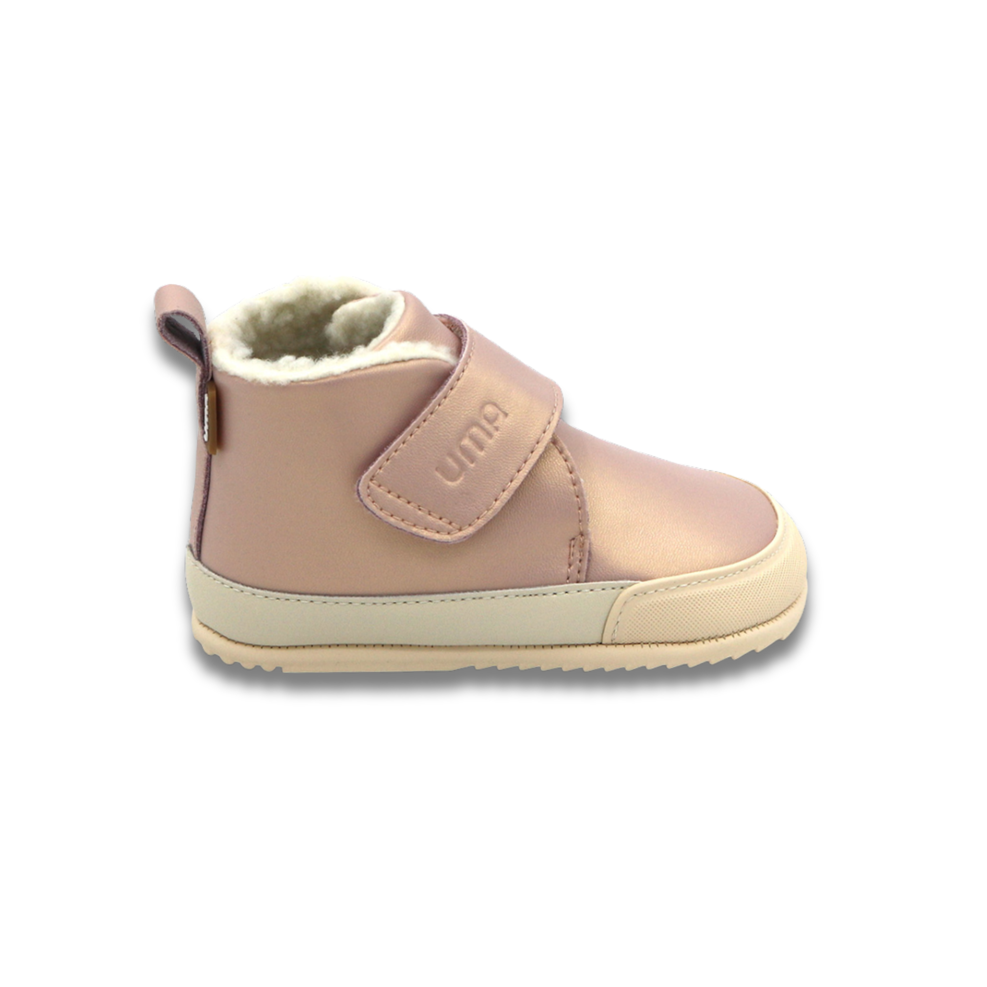 Botin barefoot ergonomico rosa gold modelo Fluffy para bebes vista lateral