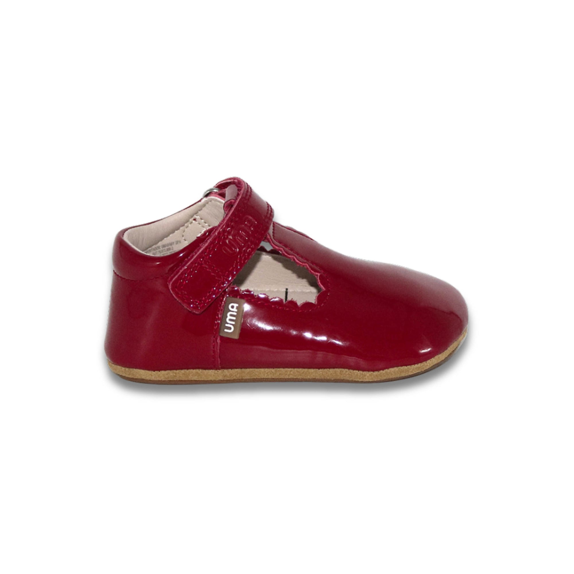 Zapato barefoot ergonomico charol rojo modelo T-Bar para bebes vista lateral