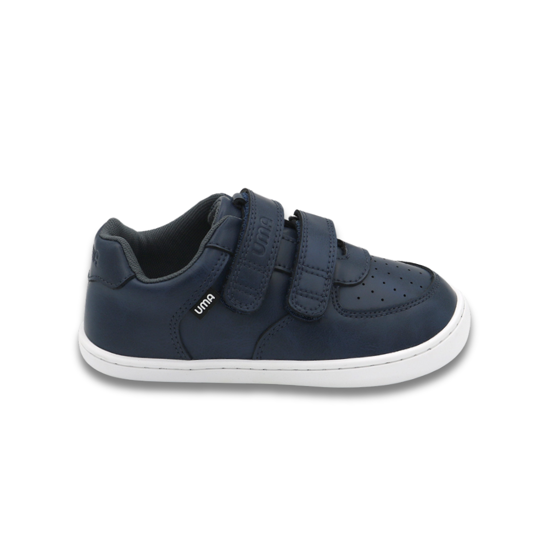 Zapatilla escolar barefoot azul marino modelo Vintage con doble velcro para kids vista lateral
